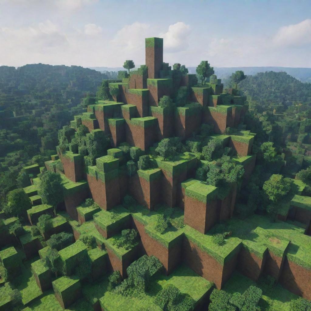 A real-life landscape that has an uncanny resemblance to the blocky, pixelated world of Minecraft, complete with cube-like trees, buildings, and animals.