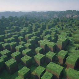 A real-life landscape that has an uncanny resemblance to the blocky, pixelated world of Minecraft, complete with cube-like trees, buildings, and animals.