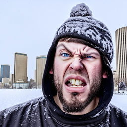 Transform the image of the man, making him appear anger with more snow on his face, set against the backdrop of Detroit city.