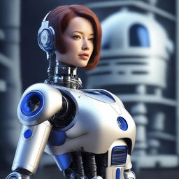 A top-tier digital art image portraying a breathtakingly realistic and curvaceous female robot with human likeness