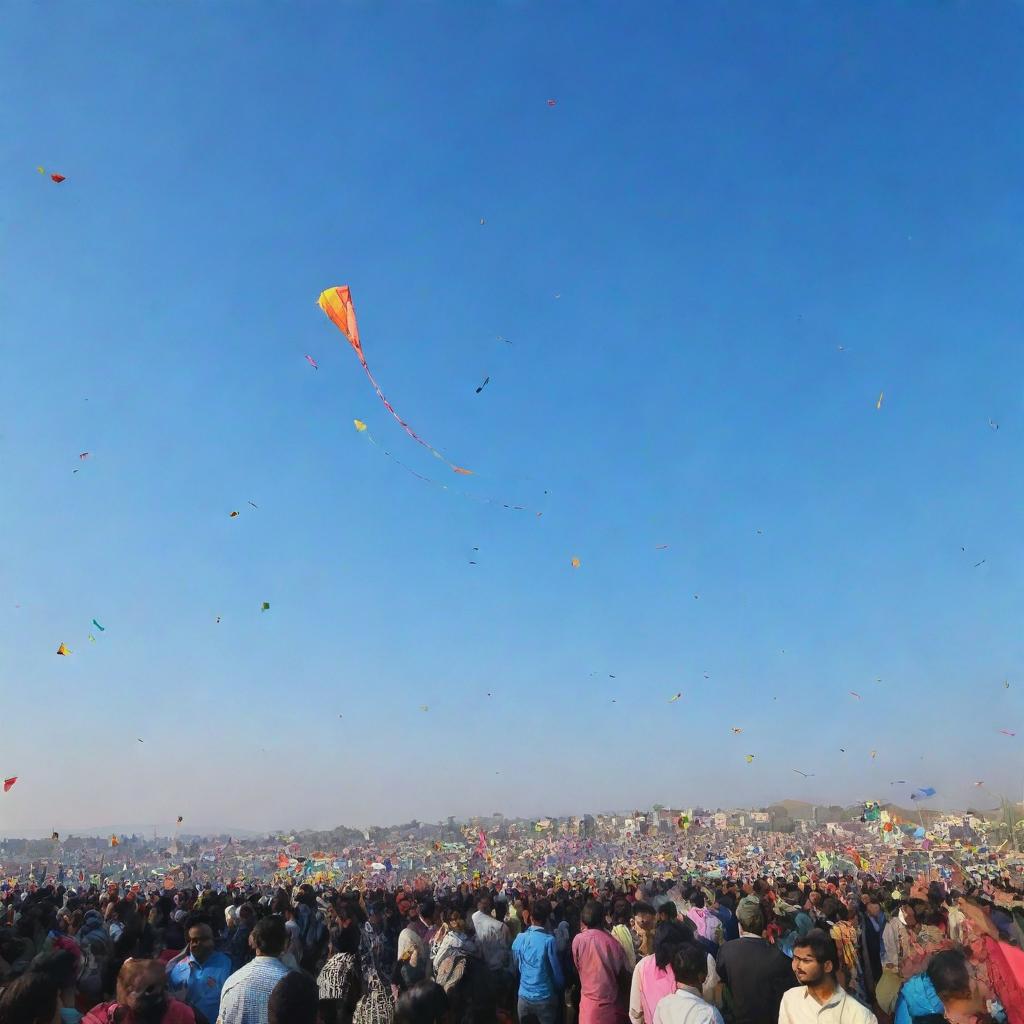 Festive atmosphere of Makar Sankranti with colorful kites flying against a clear blue sky, people celebrating, traditional sweets like tilgul and other decors.