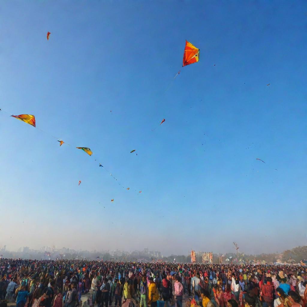 Festive atmosphere of Makar Sankranti with colorful kites flying against a clear blue sky, people celebrating, traditional sweets like tilgul and other decors.