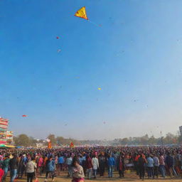 Festive atmosphere of Makar Sankranti with colorful kites flying against a clear blue sky, people celebrating, traditional sweets like tilgul and other decors.