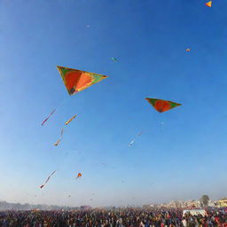 Festive atmosphere of Makar Sankranti with colorful kites flying against a clear blue sky, people celebrating, traditional sweets like tilgul and other decors.