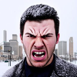 Transform the image of the man, making him appear anger with more snow on his face, set against the backdrop of Detroit city.