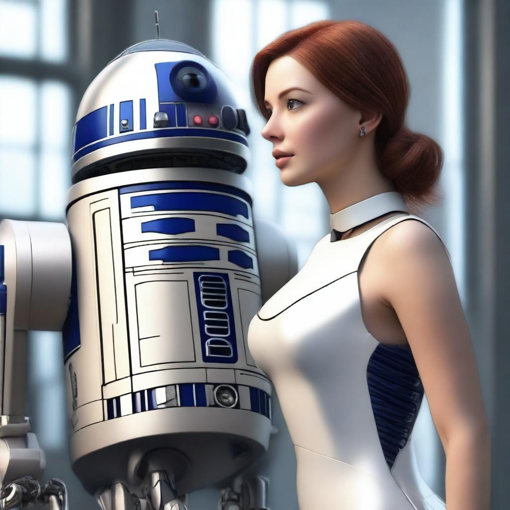 A high-quality digital art image depicting a breathtakingly realistic and curvaceous female robot with human likeness