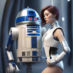 A high-quality digital art image depicting a breathtakingly realistic and curvaceous female robot with human likeness