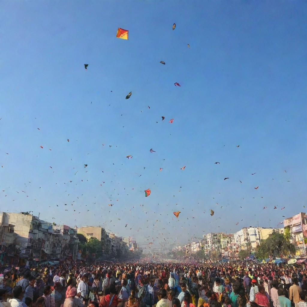 A festive scene in Hyderabad during Makar Sankranti, with vibrant kites filling the sky and joyous people engaged in kite-flying competitions.