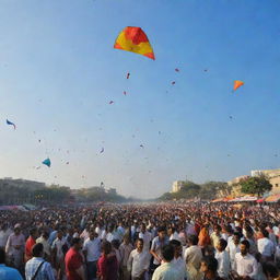 A festive scene in Hyderabad during Makar Sankranti, with vibrant kites filling the sky and joyous people engaged in kite-flying competitions.