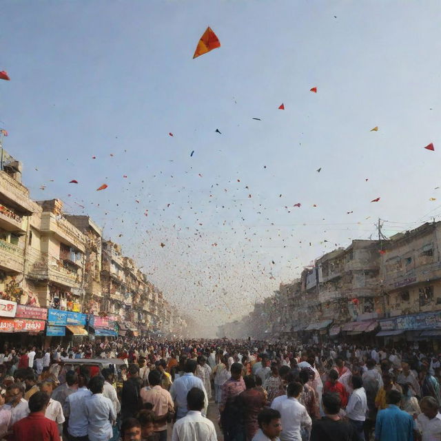 A festive scene in Hyderabad during Makar Sankranti, with vibrant kites filling the sky and joyous people engaged in kite-flying competitions.