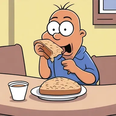 In the cartoon, the character is seen eating dark bread for breakfast.
