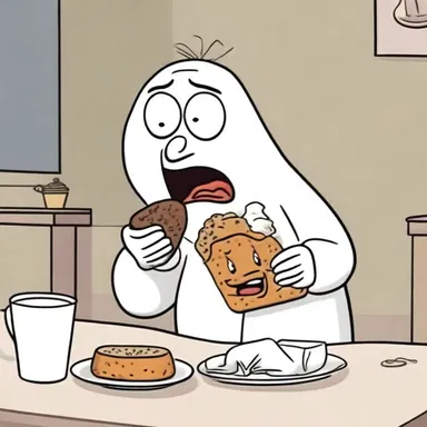 In the cartoon, the character is seen eating dark bread for breakfast.