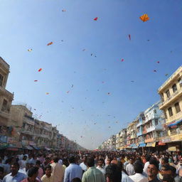 A festive scene in Hyderabad during Makar Sankranti, with vibrant kites filling the sky and joyous people engaged in kite-flying competitions.