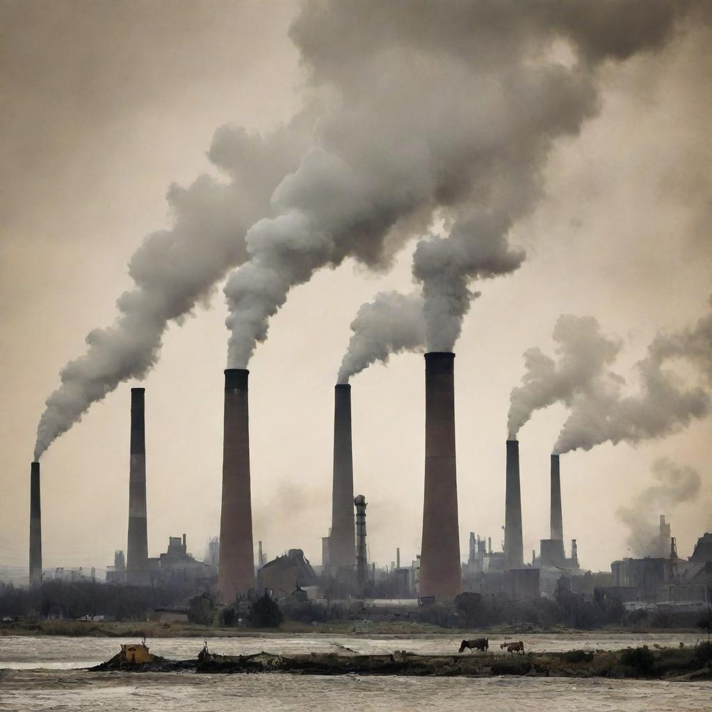 Create a dramatic poster showcasing environmental pollution. Include industrial smokestacks belching unhealthy smog into the atmosphere, litter-strewn landscapes, and distressed wildlife to convey a potent message against pollution.