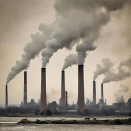 Create a dramatic poster showcasing environmental pollution. Include industrial smokestacks belching unhealthy smog into the atmosphere, litter-strewn landscapes, and distressed wildlife to convey a potent message against pollution.