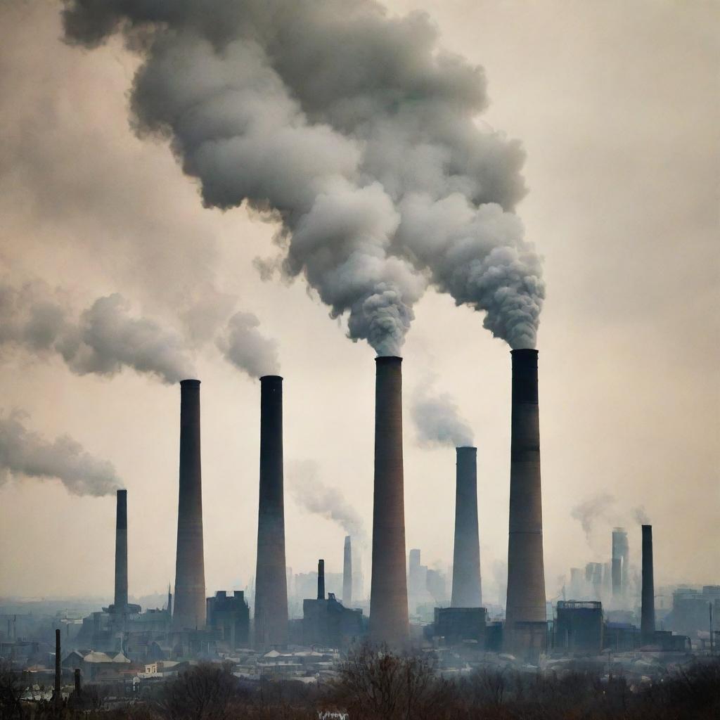 Create a dramatic poster showcasing environmental pollution. Include industrial smokestacks belching unhealthy smog into the atmosphere, litter-strewn landscapes, and distressed wildlife to convey a potent message against pollution.