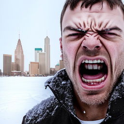 Transform the image of the man, making him appear anger with more snow on his face, set against the backdrop of Detroit city.