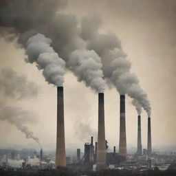 Create a dramatic poster showcasing environmental pollution. Include industrial smokestacks belching unhealthy smog into the atmosphere, litter-strewn landscapes, and distressed wildlife to convey a potent message against pollution.