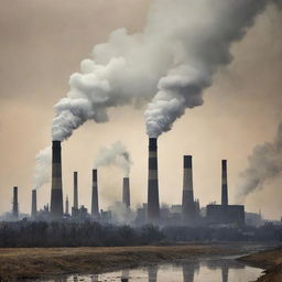 Create a dramatic poster showcasing environmental pollution. Include industrial smokestacks belching unhealthy smog into the atmosphere, litter-strewn landscapes, and distressed wildlife to convey a potent message against pollution.