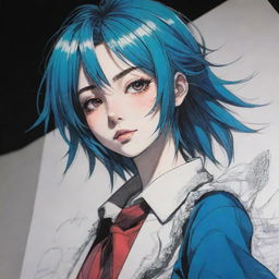 A dynamic 2D character sketch in vibrant anime manga style, highlighted with high contrasts and intricate details