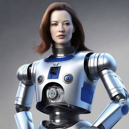 A digital art image of superb quality, illustrating a breathtakingly realistic and curvaceous female robot with human likeness