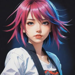 A dynamic 2D character sketch in vibrant anime manga style, highlighted with high contrasts and intricate details