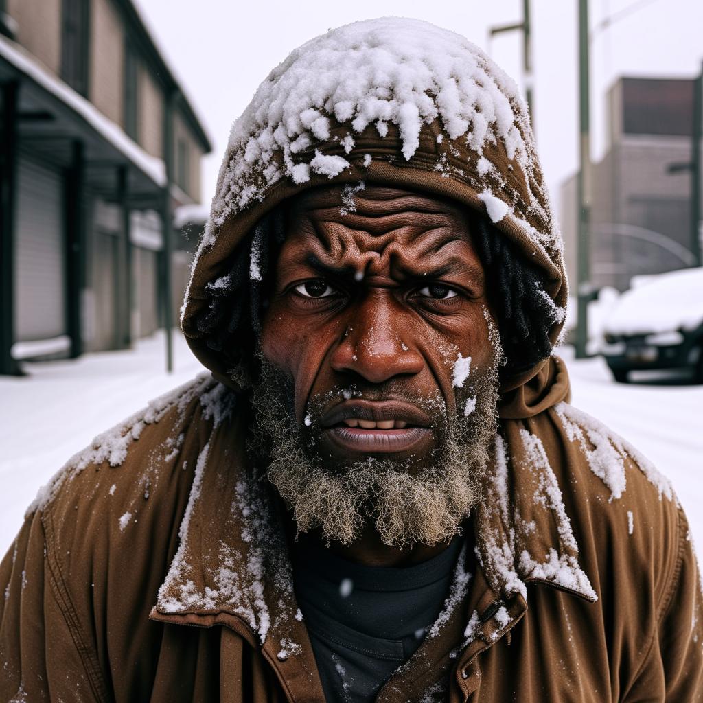 Adjust the image of the man to emphasize his black ethnicity. Depict him as a homeless individual with an angry expression, face covered with snow, set in the streets of Detroit city.