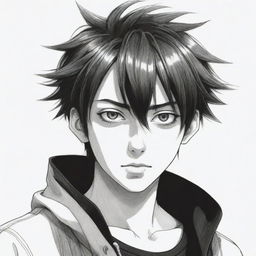 A striking 2D drawing of a male anime manga character with dynamic expressions, detailed clothing, and unique features