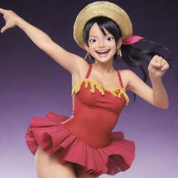 A vibrant image of Robin from One Piece, wearing her characteristic outfit, uttering 'ara ara' with a smile on her face, while performing a dance move