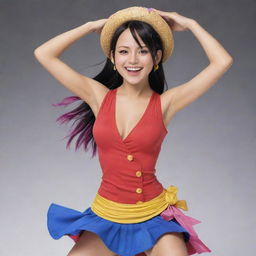 A vibrant image of Robin from One Piece, wearing her characteristic outfit, uttering 'ara ara' with a smile on her face, while performing a dance move