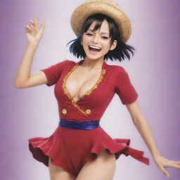 A vibrant image of Robin from One Piece, wearing her characteristic outfit, uttering 'ara ara' with a smile on her face, while performing a dance move