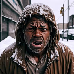 Adjust the image of the man to emphasize his black ethnicity. Depict him as a homeless individual with an angry expression, face covered with snow, set in the streets of Detroit city.