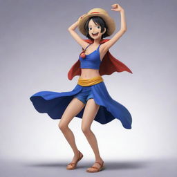 A 2D rendition of the character Robin from One Piece in her actual form, speaking 'ara ara' with an engaging smile, while showcasing a dynamic dance pose