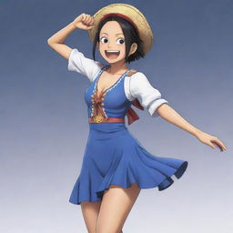 A 2D rendition of the character Robin from One Piece in her actual form, speaking 'ara ara' with an engaging smile, while showcasing a dynamic dance pose