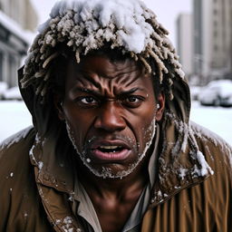 Adjust the image of the man to emphasize his black ethnicity. Depict him as a homeless individual with an angry expression, face covered with snow, set in the streets of Detroit city.