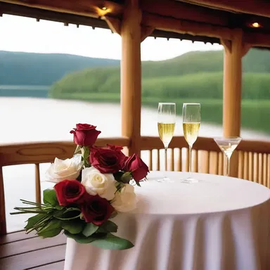The cozy cabin by the lake was stocked with champagne and roses, creating a romantic atmosphere for the couple.