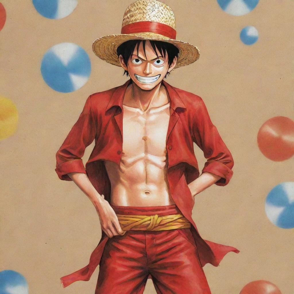 A vividly illustrated image of Luffy from One Piece, showcasing his vibrant dress, iconic straw hat and his passionate demeanor