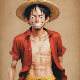 A vividly illustrated image of Luffy from One Piece, showcasing his vibrant dress, iconic straw hat and his passionate demeanor