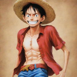 A vividly illustrated image of Luffy from One Piece, showcasing his vibrant dress, iconic straw hat and his passionate demeanor