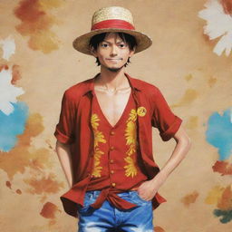 A vividly illustrated image of Luffy from One Piece, showcasing his vibrant dress, iconic straw hat and his passionate demeanor