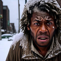 Adjust the image of the man to emphasize his black ethnicity. Depict him as a homeless individual with an angry expression, face covered with snow, set in the streets of Detroit city.