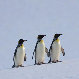 Three penguins majestically rising from a blanket of pristine snow.