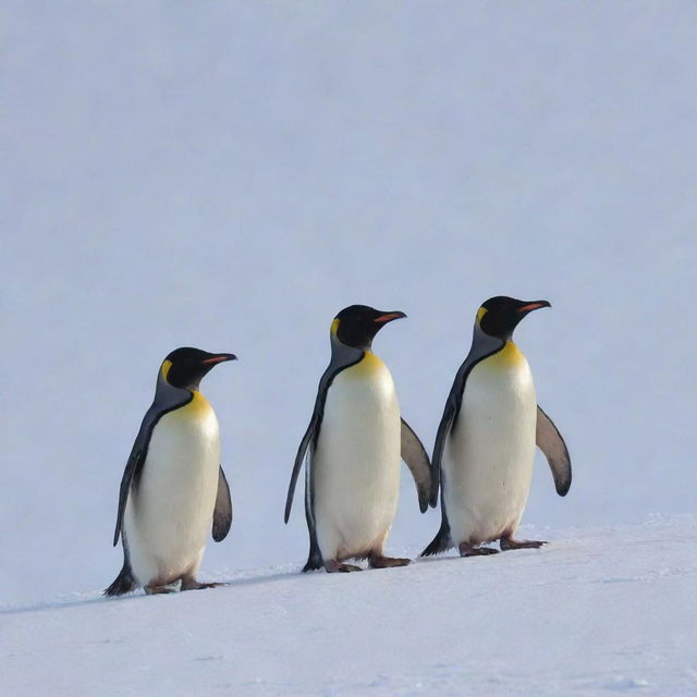 Three penguins majestically rising from a blanket of pristine snow.