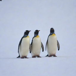 Three penguins majestically rising from a blanket of pristine snow.