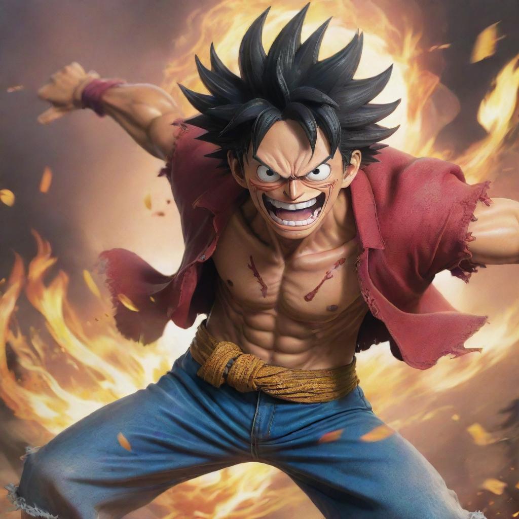 An action-packed scene featuring Luffy from One Piece engaging in a fierce battle with Kaido, showcasing dynamic poses, vivid expressions, and a background filled with tension