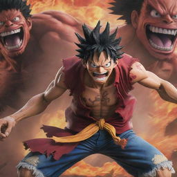 An action-packed scene featuring Luffy from One Piece engaging in a fierce battle with Kaido, showcasing dynamic poses, vivid expressions, and a background filled with tension