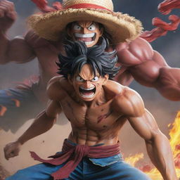 An action-packed scene featuring Luffy from One Piece engaging in a fierce battle with Kaido, showcasing dynamic poses, vivid expressions, and a background filled with tension