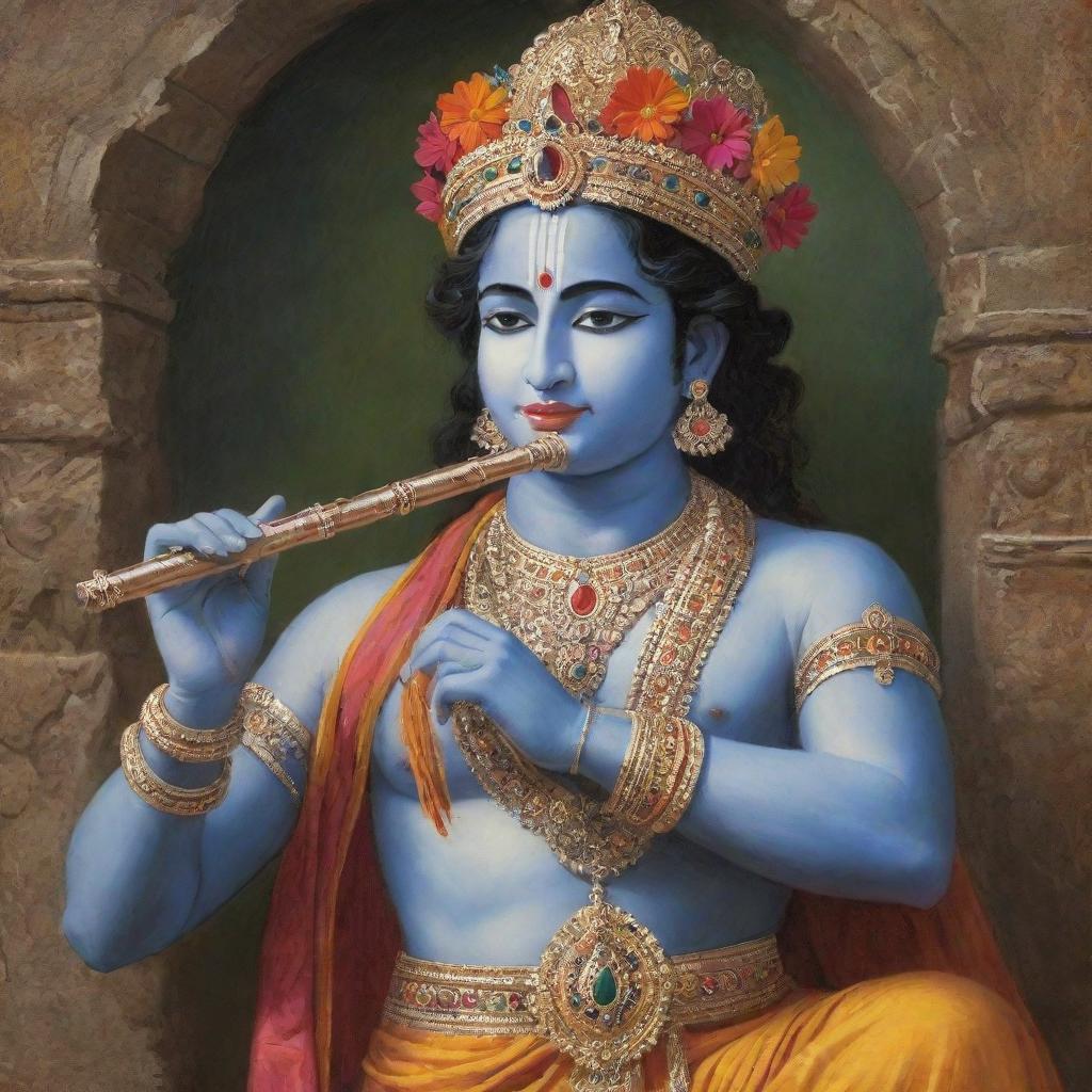 A respectful and traditional representation of Lord Krishna as described in religious texts such as the Gita and Mahabharata, adorned in vibrant clothing and jewelry, playing the flute