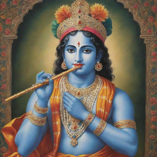 A respectful and traditional representation of Lord Krishna as described in religious texts such as the Gita and Mahabharata, adorned in vibrant clothing and jewelry, playing the flute