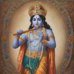 A respectful and traditional representation of Lord Krishna as described in religious texts such as the Gita and Mahabharata, adorned in vibrant clothing and jewelry, playing the flute